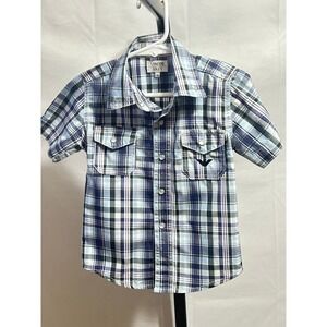 Armani Baby Boys Plaid Short Sleeve Button Down Shirt Size 3A Blue Green